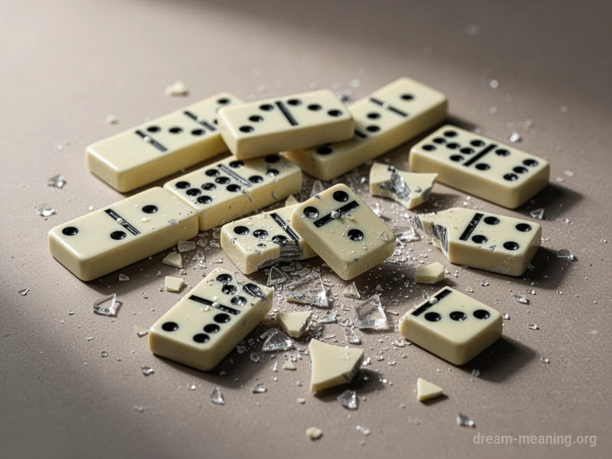 Scattered and broken domino pieces lying on a flat surface.