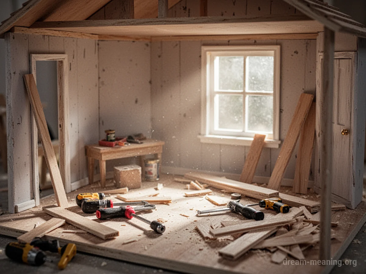 An unfinished dollhouse with building materials nearby.