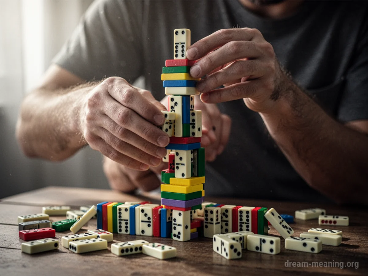 Hands stacking dominoes to build a tall, intricate structure.