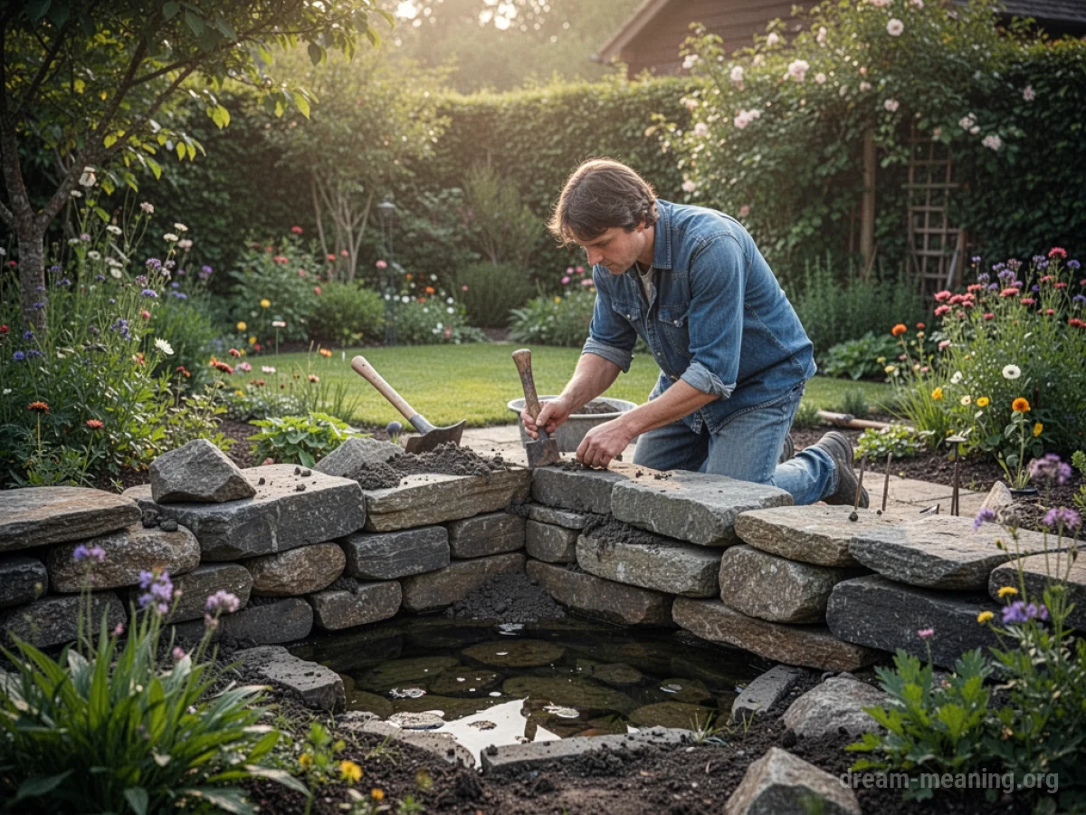 Person building a stone wall around a garden.