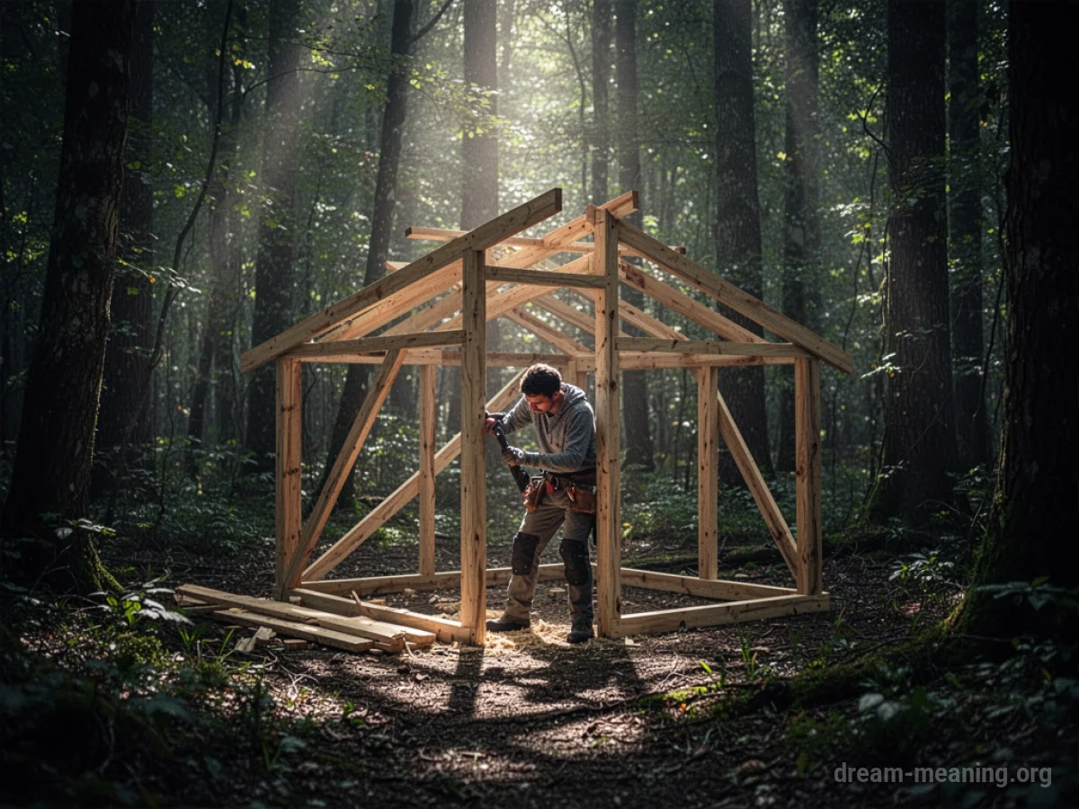 A person building a small wooden shelter surrounded by tall, dark trees.