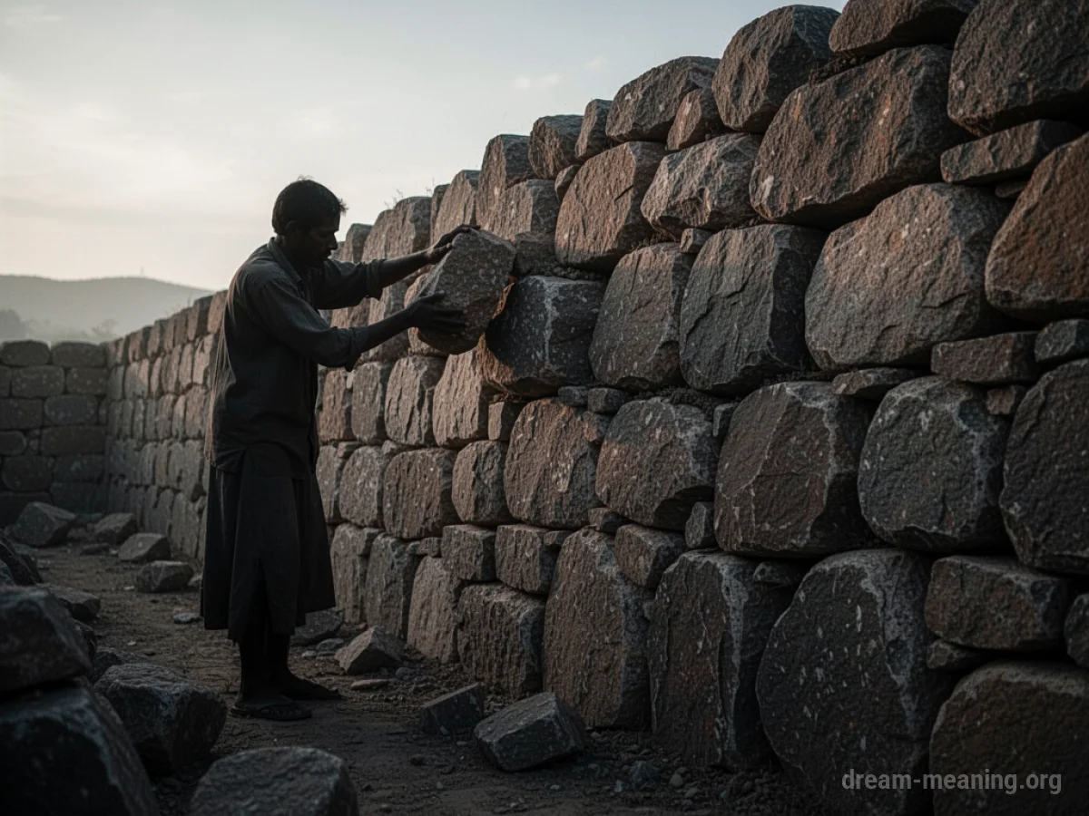Silhouette of a person building a stone wall.