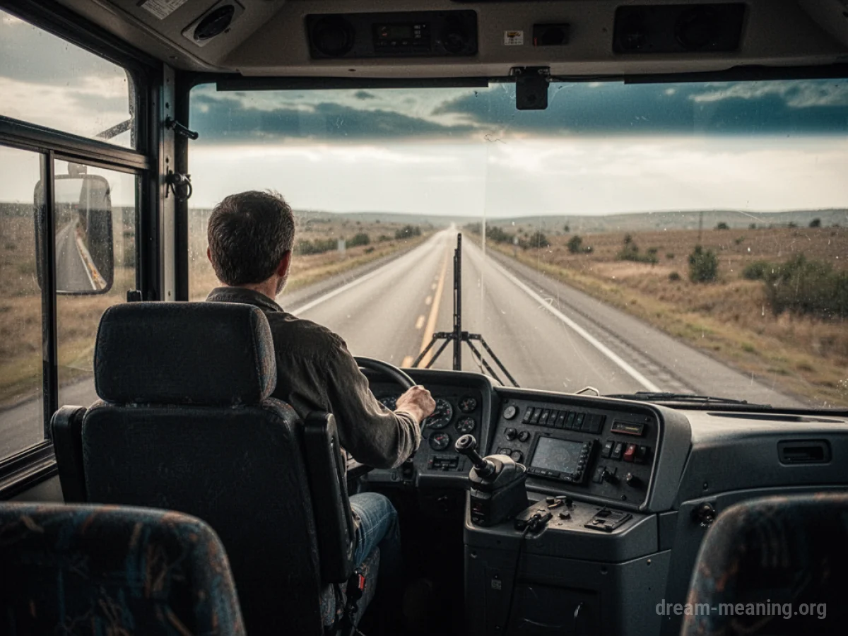 Silhouette of a bus driver seated at the controls of a bus.