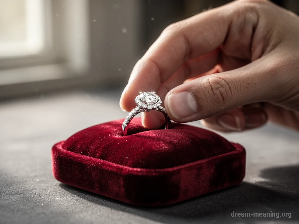 A hand gently placing a diamond ring onto a dark velvet cushion.