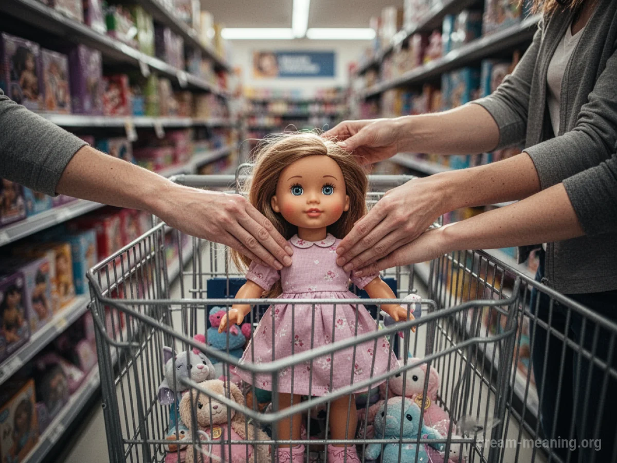 Hands placing a new doll into a shopping cart.