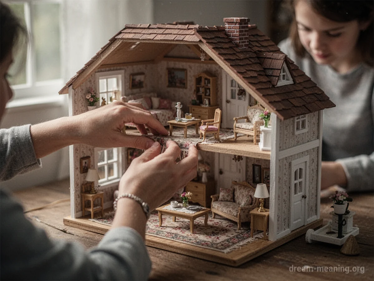 Hands arranging furniture inside a small dollhouse.
