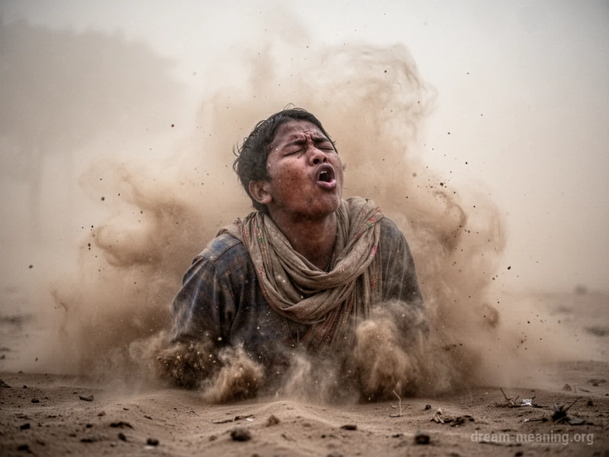 A silhouette of a person with their hands near their face, surrounded by thick, swirling dust.