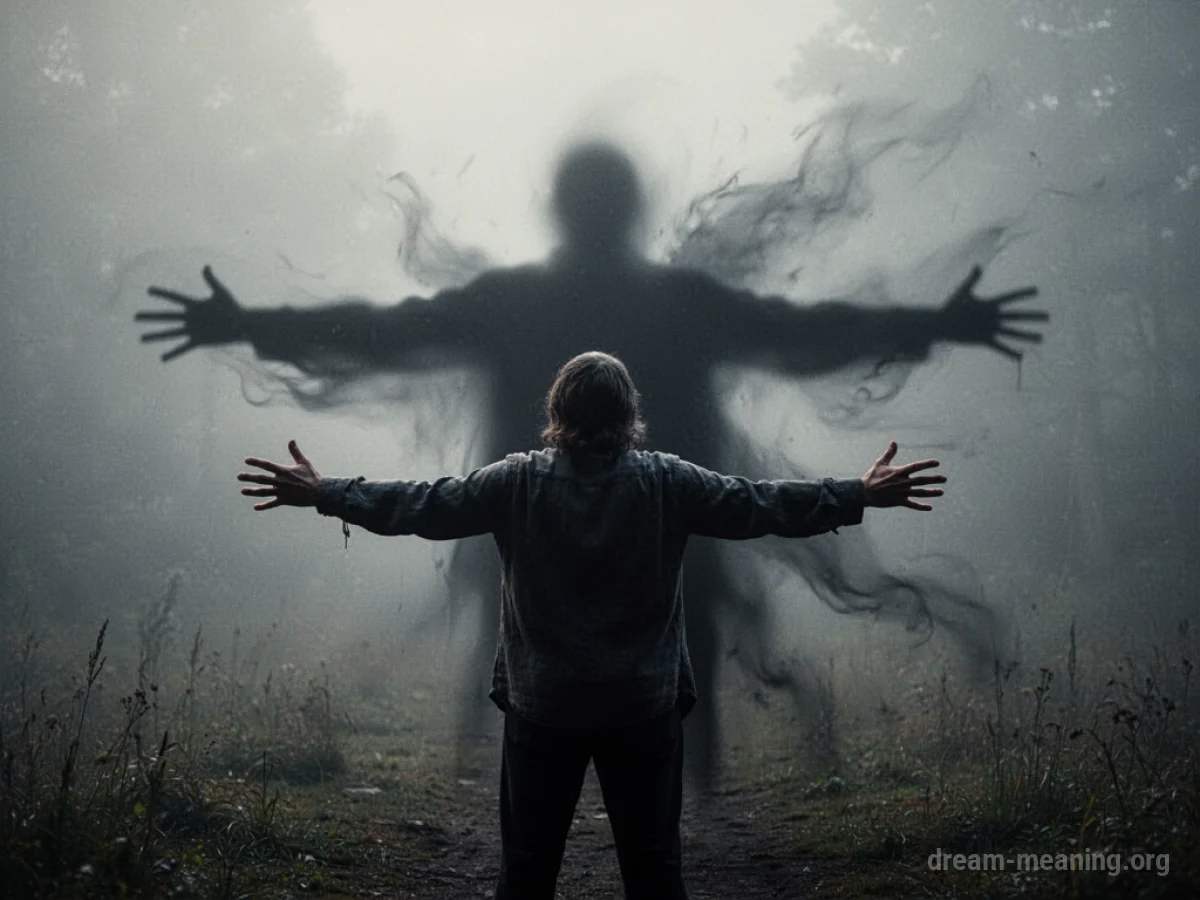 A person stands defensively against a looming, dark, abstract shape.