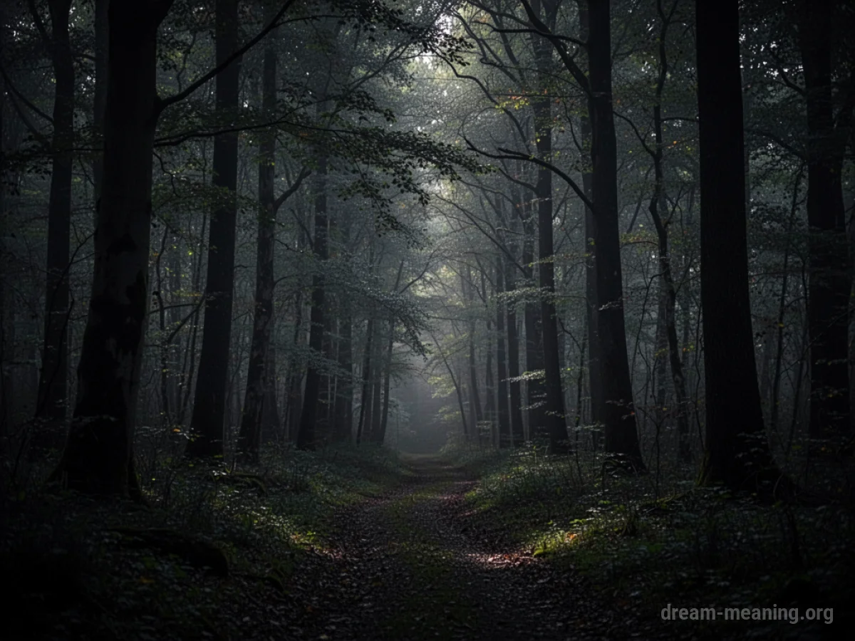 A dark, dense forest with tall, shadowy trees and limited visibility.