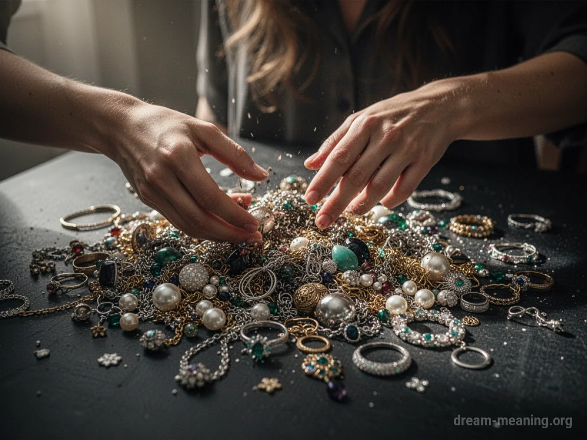 Hands searching through scattered jewelry.