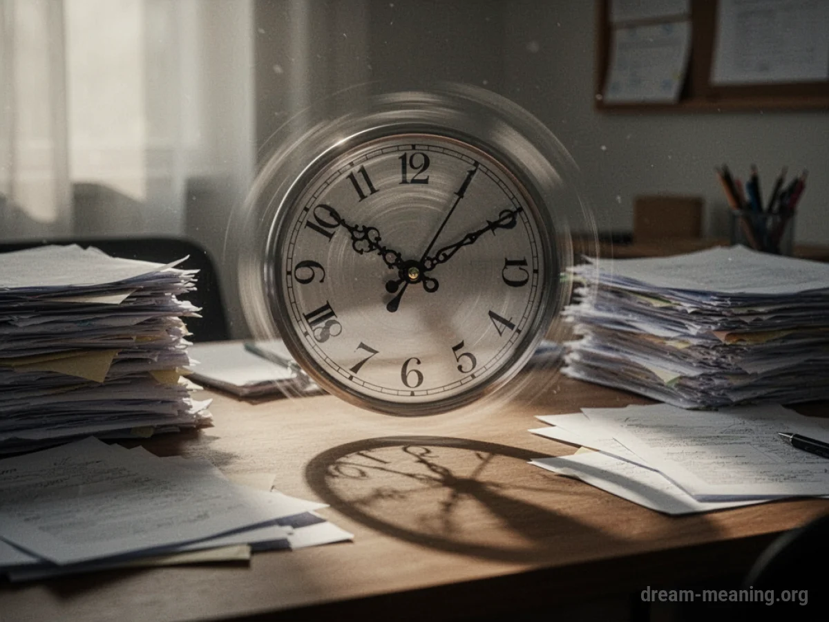 A clock face with fast-moving hands and a cluttered desk.