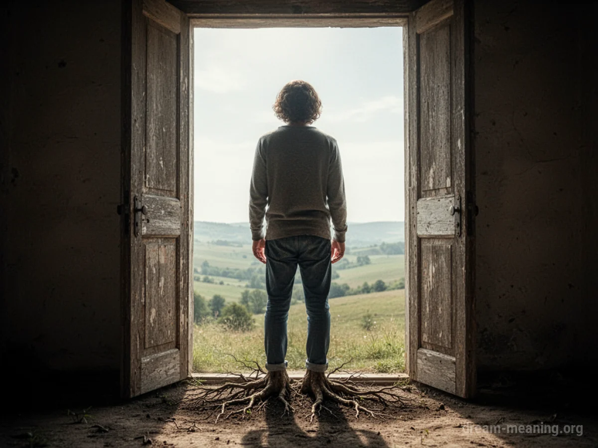 A person's feet stuck to the floor while standing in a doorway.