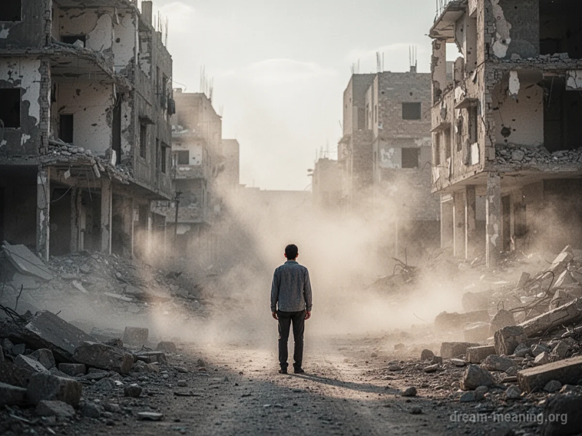 A lone silhouette facing away from a city in ruins.