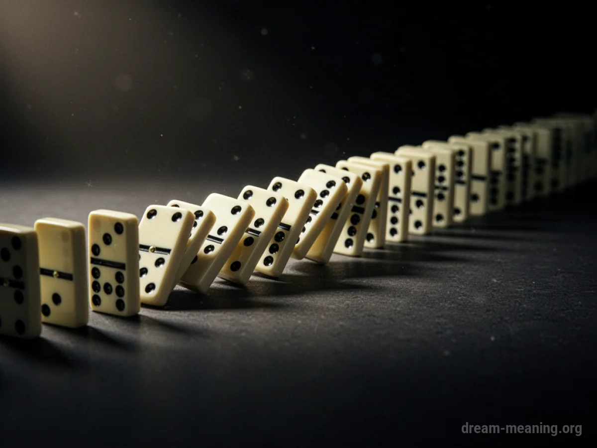 A line of dominoes falling one after another.
