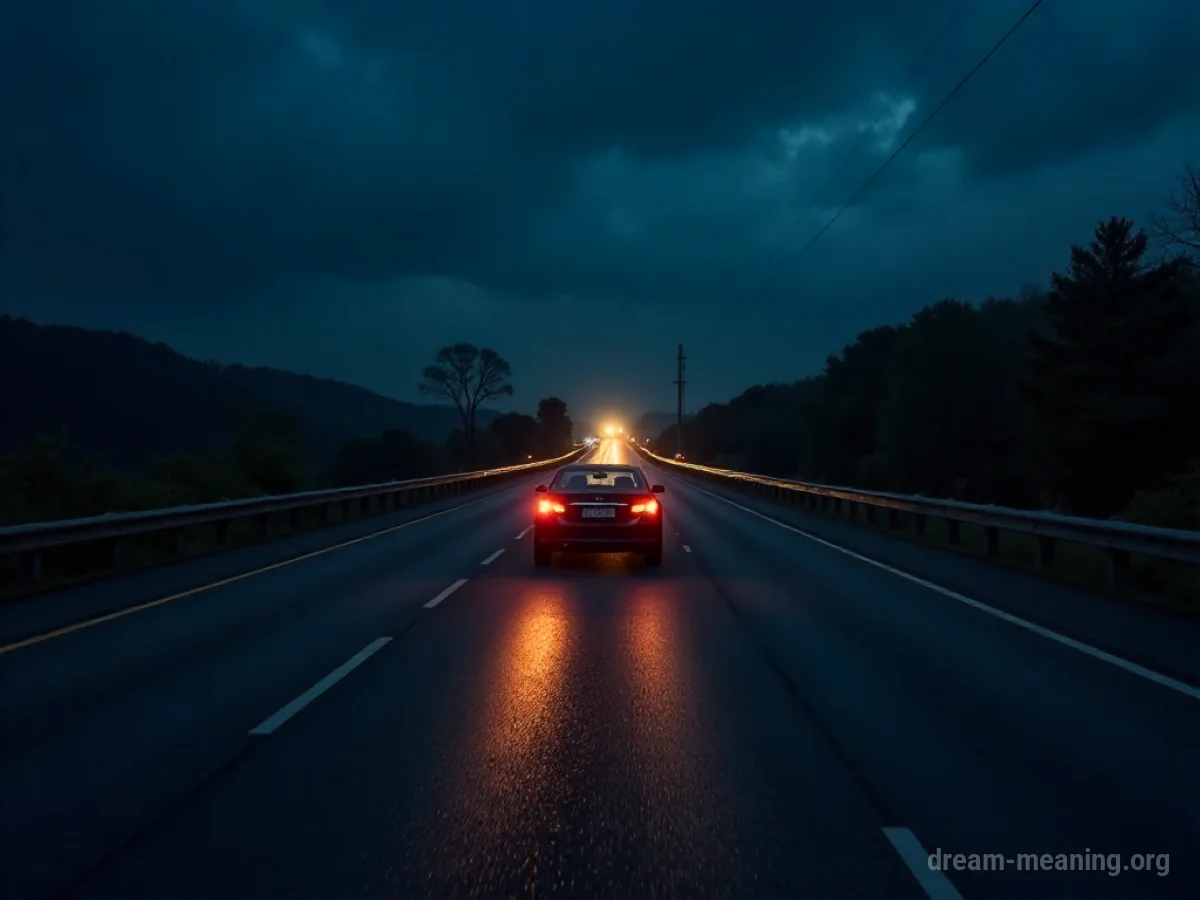 A car driving on a road with a driver's hands on the steering wheel.