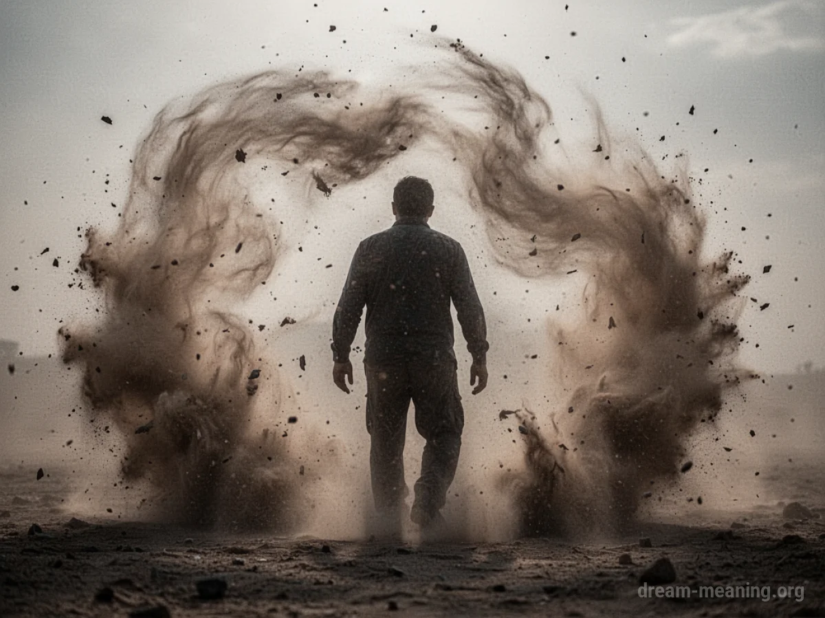 Silhouette of a person standing amidst a dense, swirling cloud of dust.