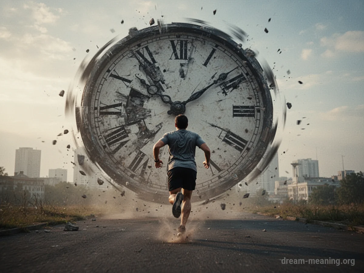 Silhouette of a person running from a large, imposing clock.