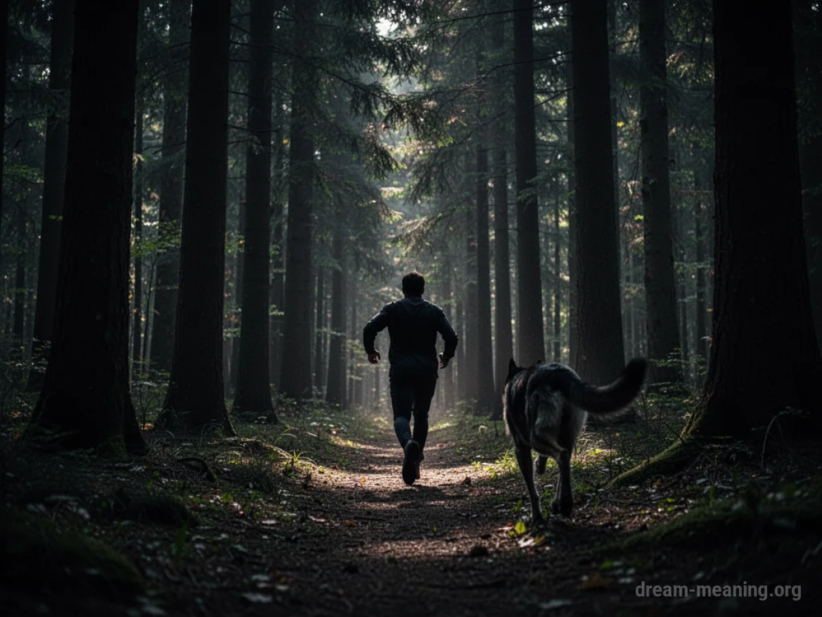 Silhouette of a person running through a dark forest, pursued by a shadowy dog shape.