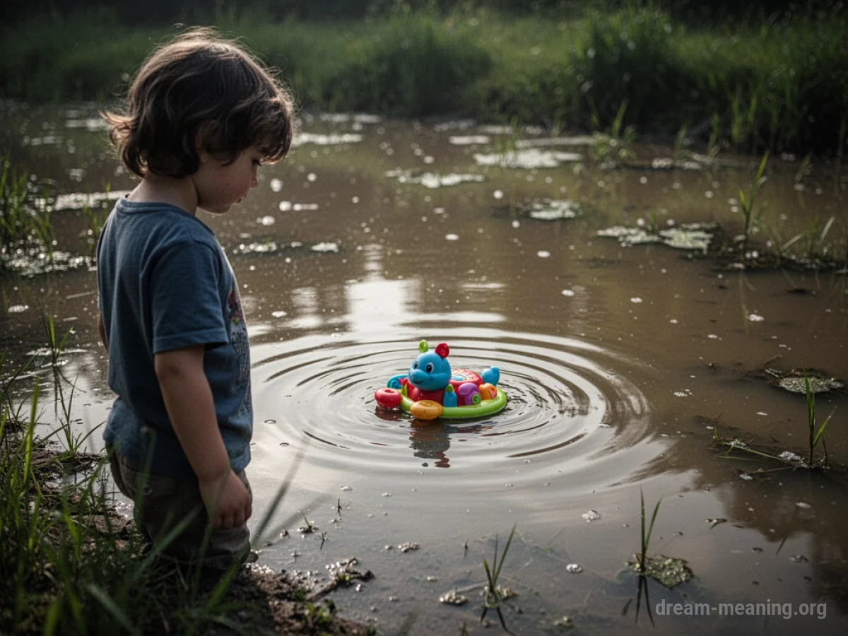 A young child looking at murky water with a clean toy floating.