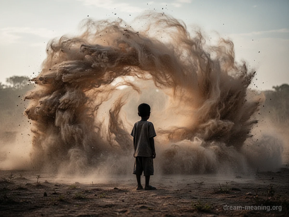 A small child's figure obscured by a large dust storm.