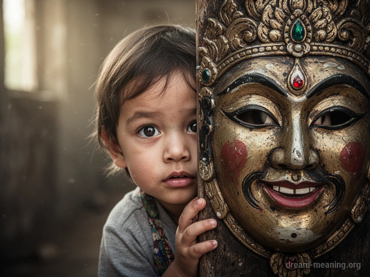 A child's face partially obscured by a decorative mask.
