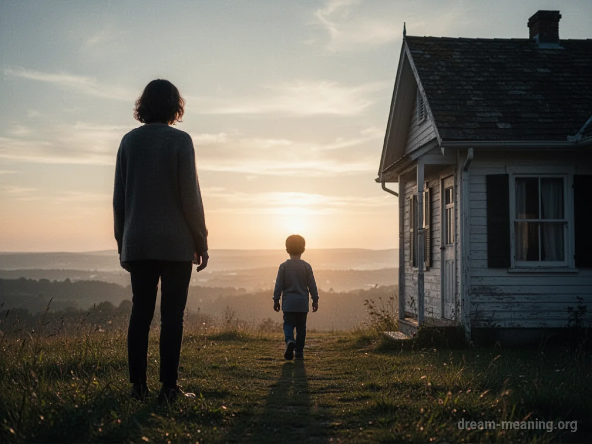 Silhouette of a child walking away from a house towards a bright horizon.