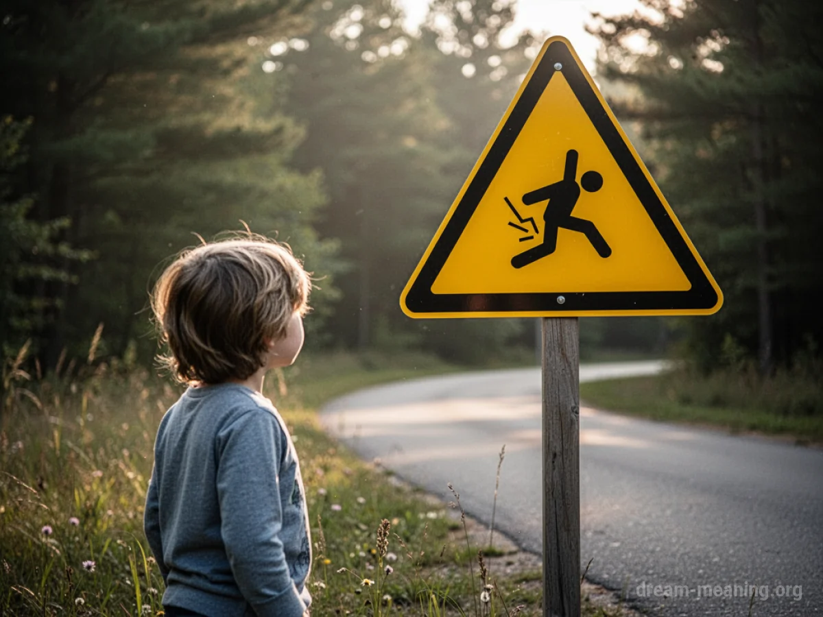 A young child standing close to a triangular warning signpost.