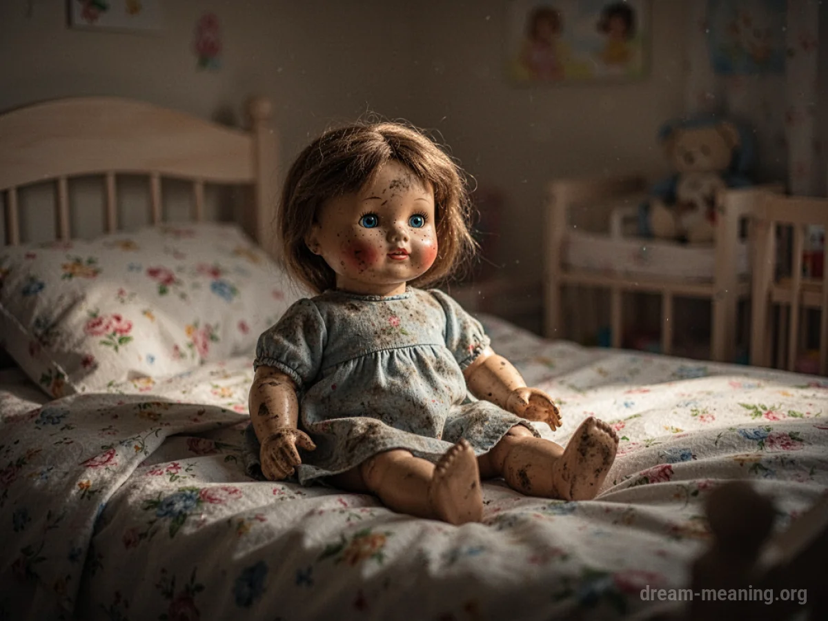 A single doll is positioned on a child's bed.