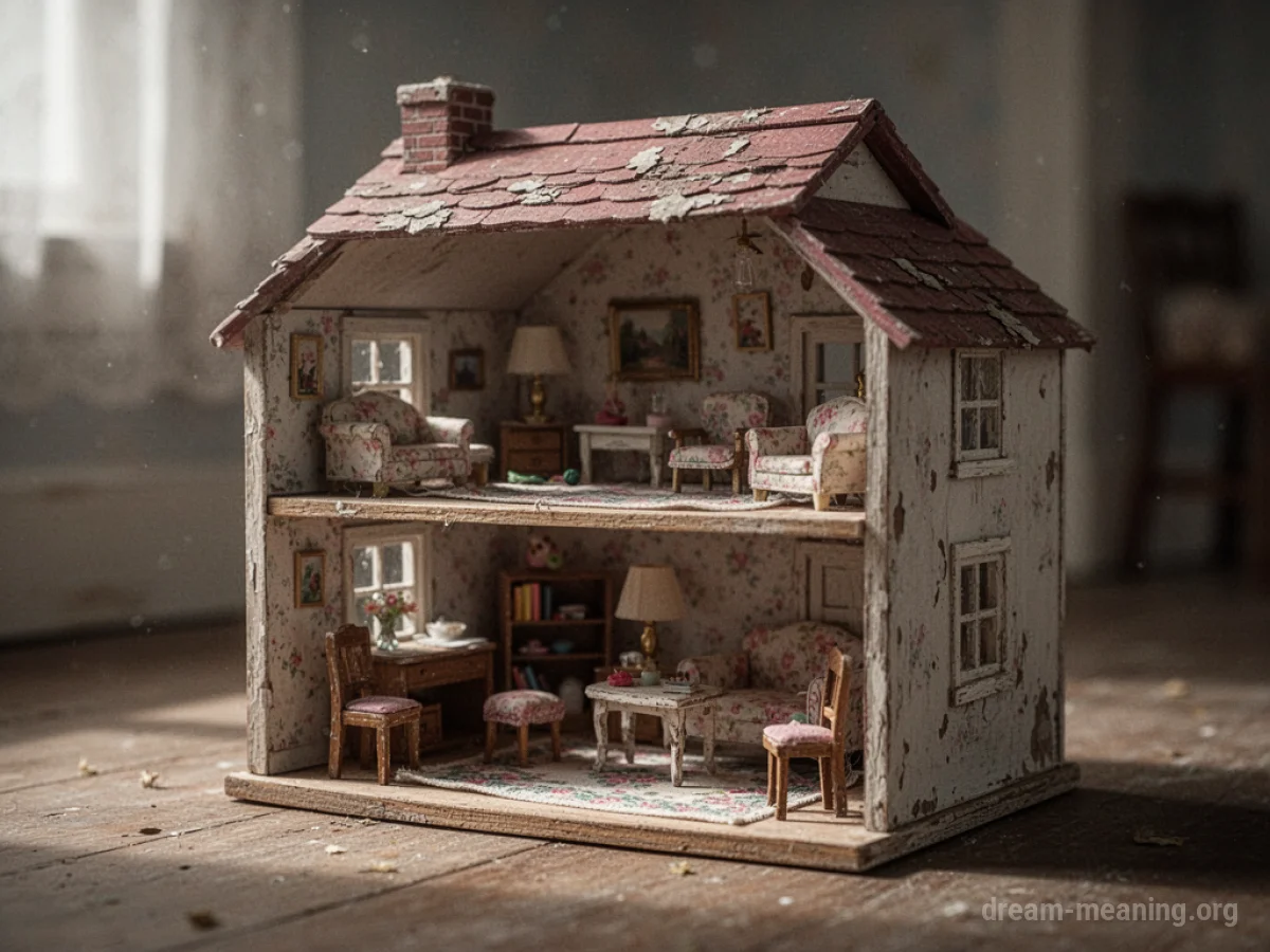 A miniature dollhouse filled with tiny furniture.