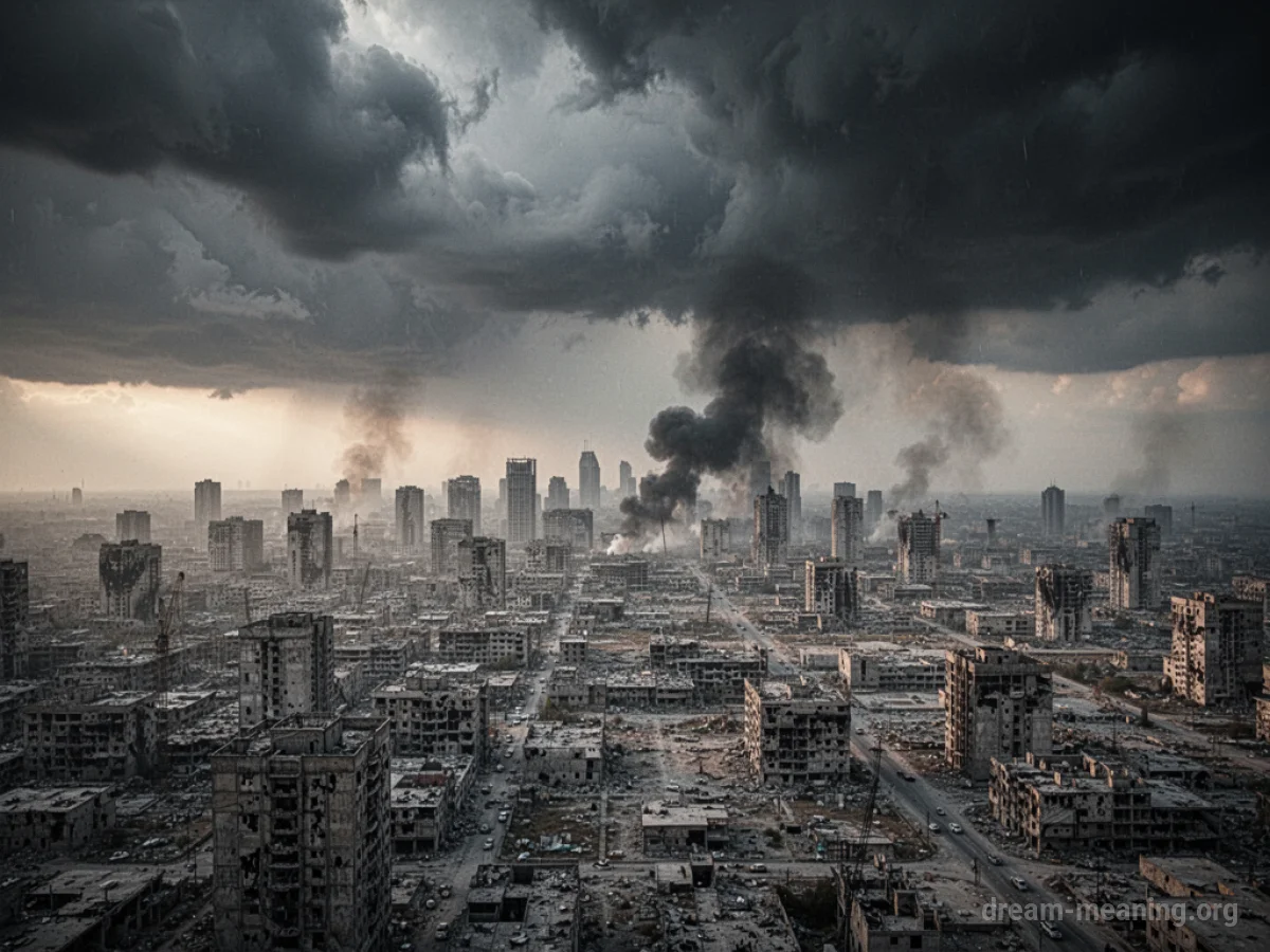 A cityscape with smoke rising in the distance.