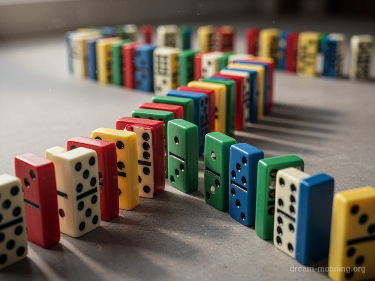 A line of multicolored dominoes standing on end.
