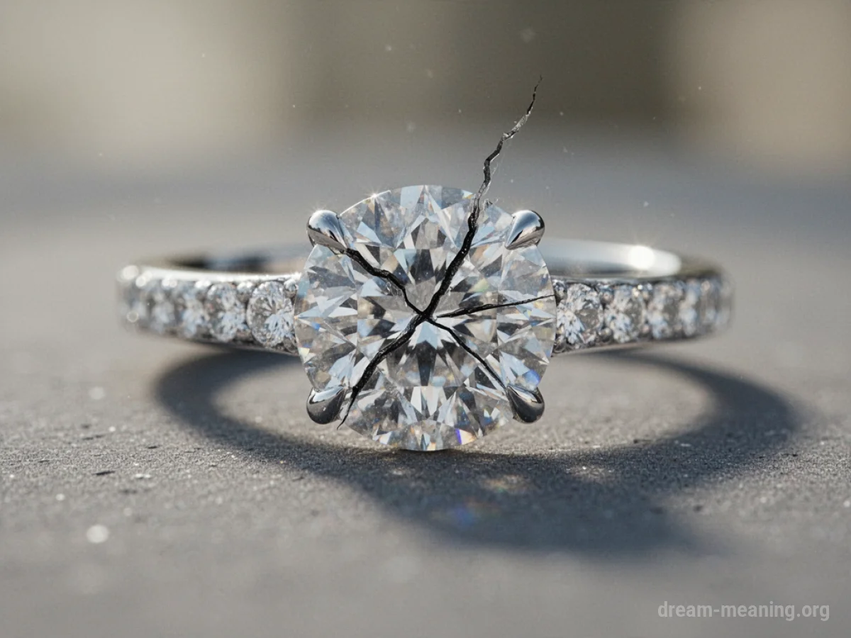 A diamond ring with a visible crack on the gemstone.