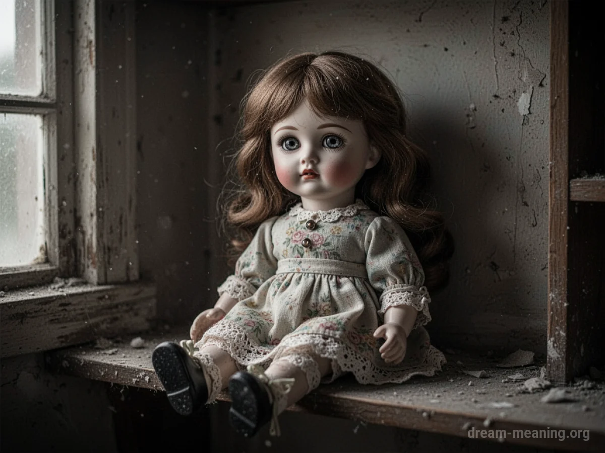 A vintage porcelain doll with dark eyes on a wooden shelf.