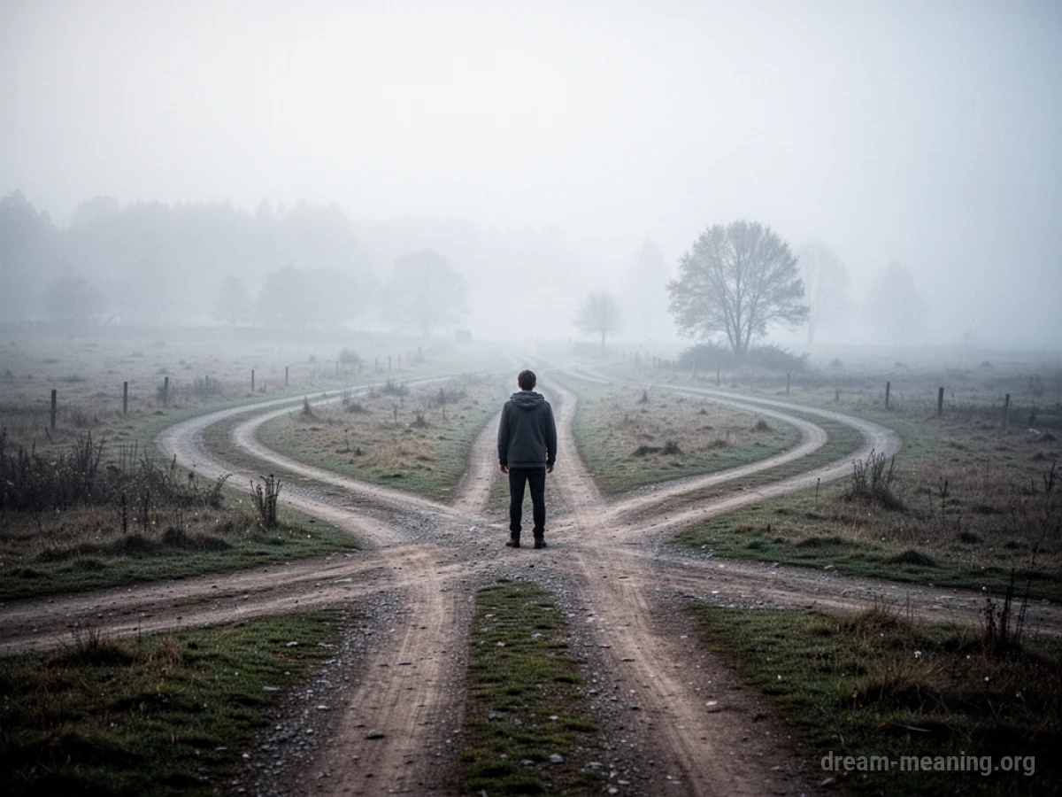 A person stands at a fork in a road with several paths leading away.