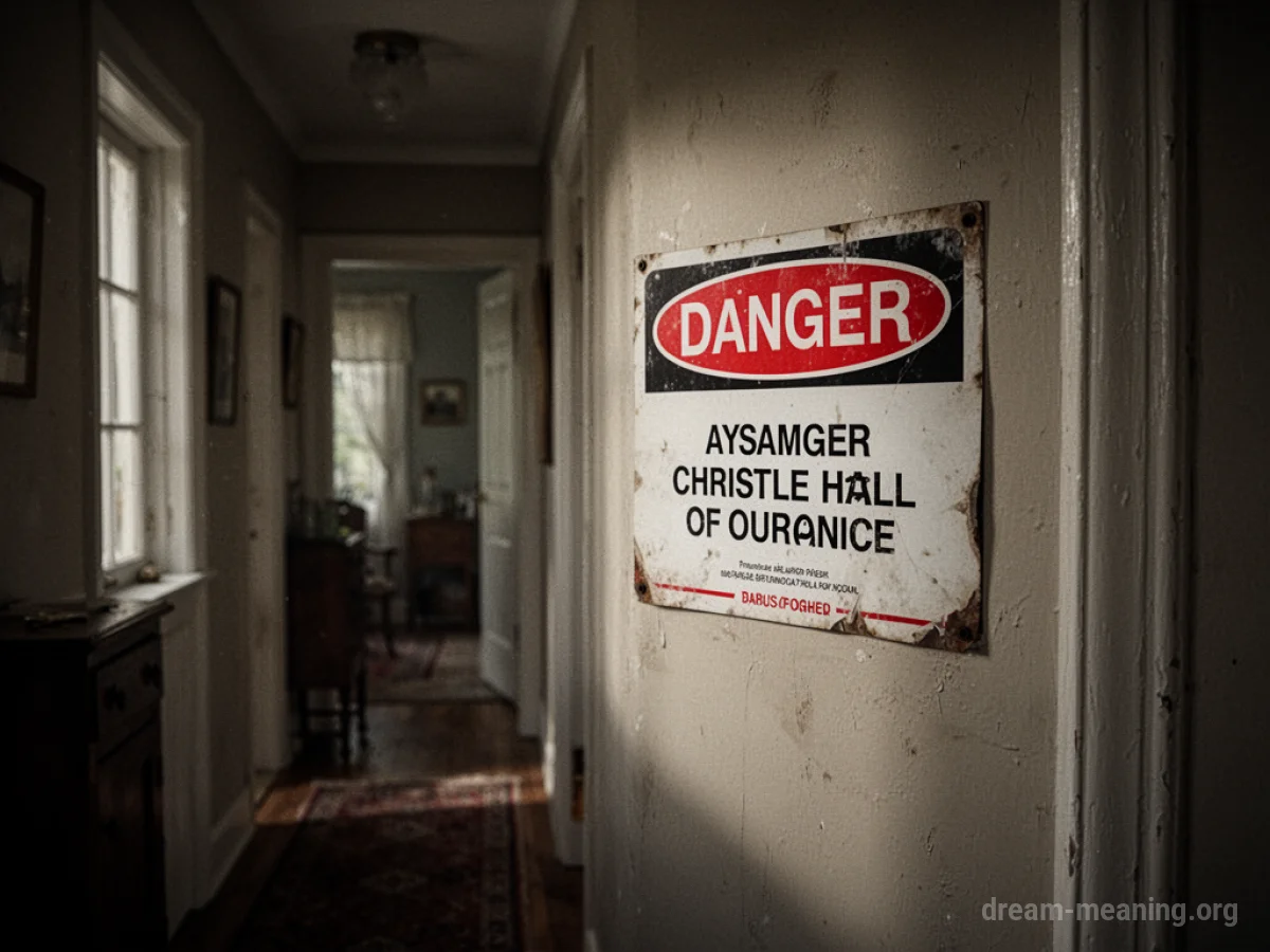A red and white danger sign on a wall in a house hallway.