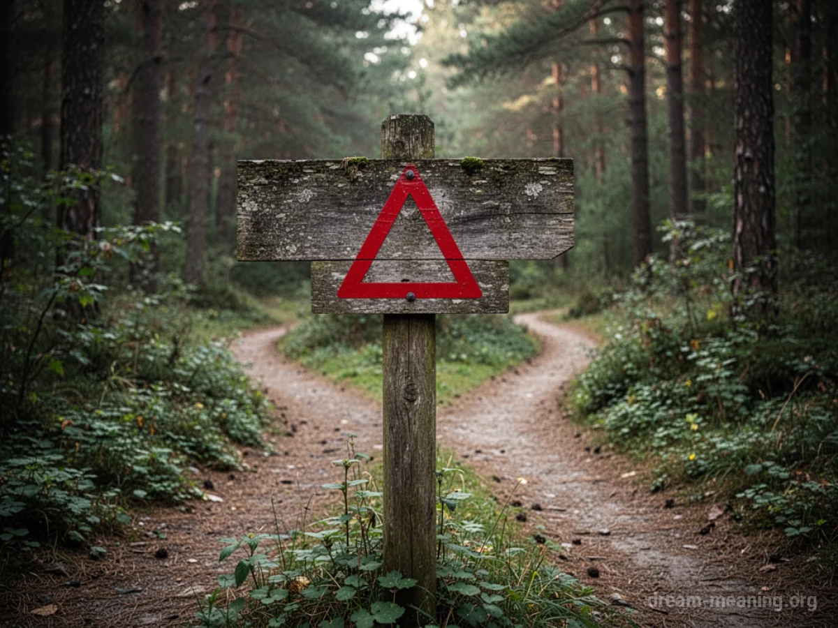 A wooden signpost with a red warning symbol at a fork in a forest path.