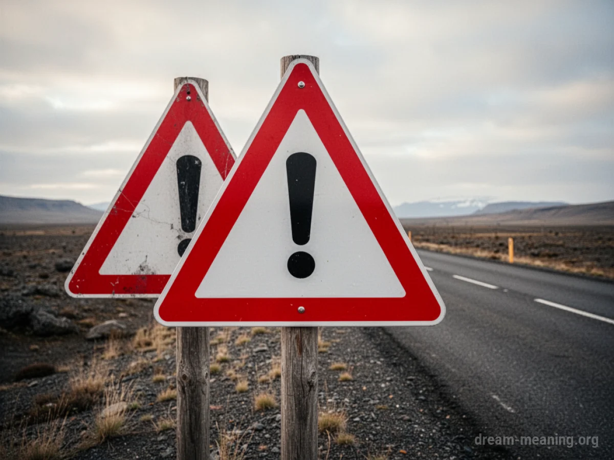 A lone warning sign on a post beside a road.