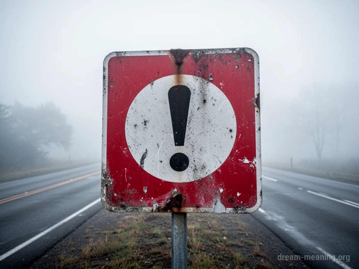 A red and white warning sign partially hidden by fog.