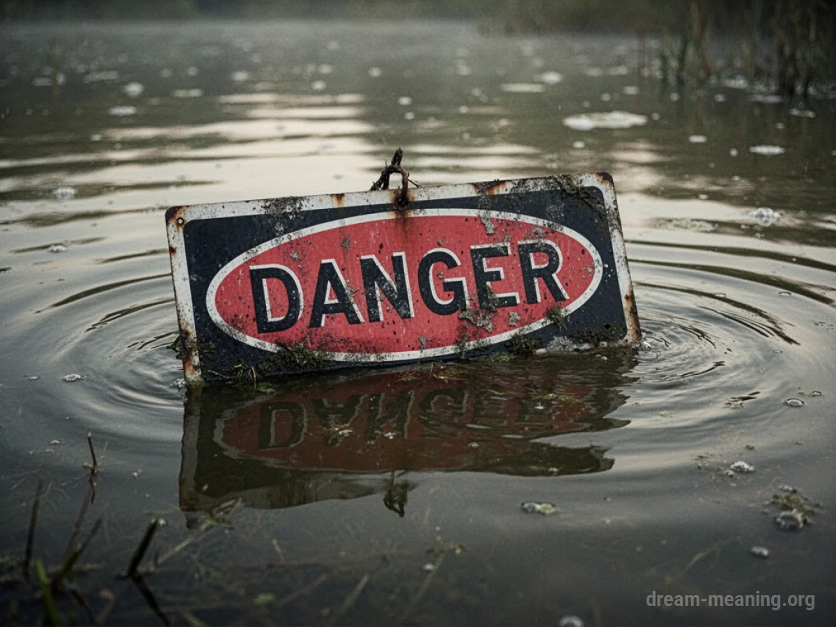 A red and white danger sign partially underwater in dark, choppy water.