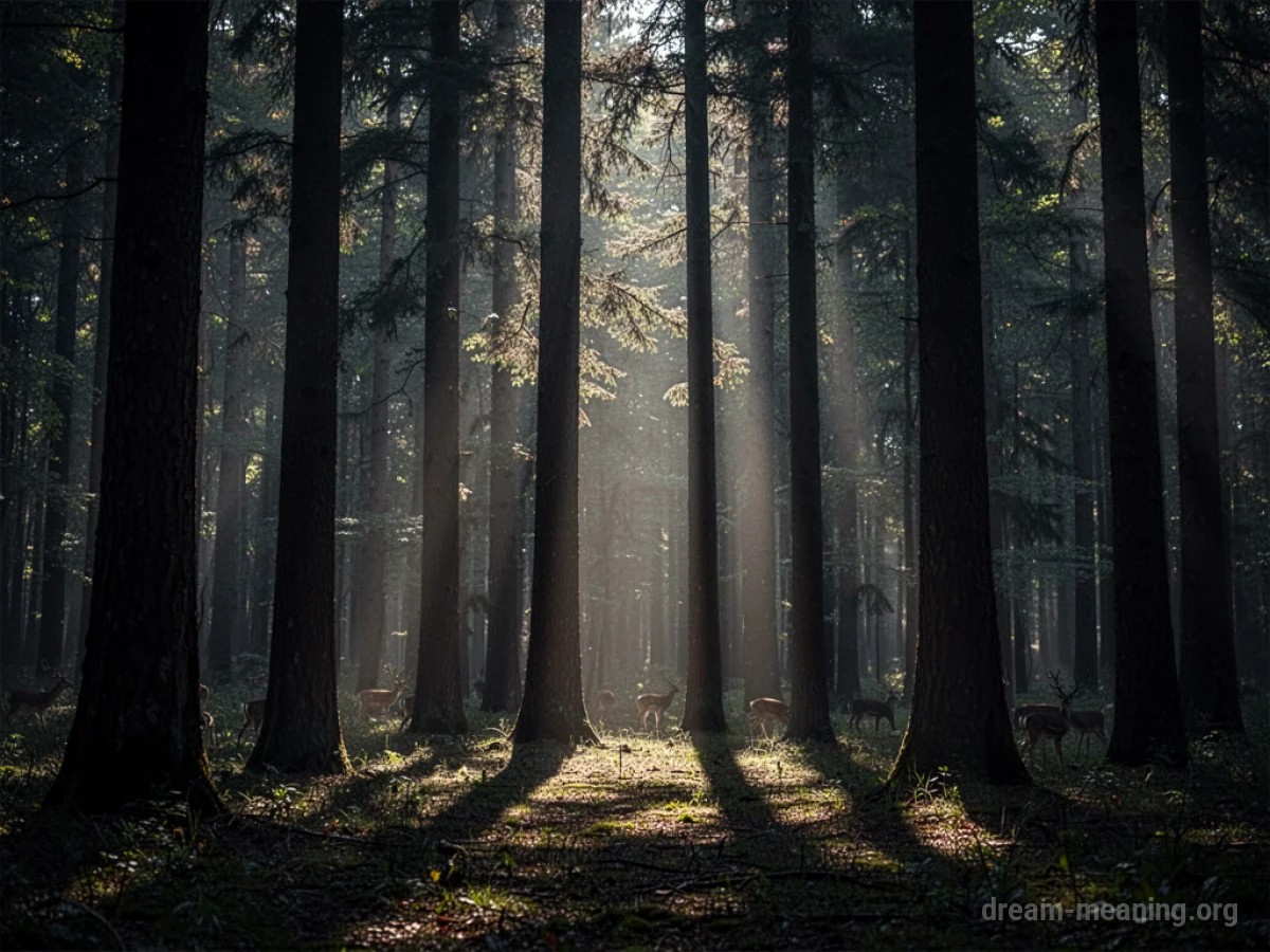 Silhouettes of animals within a dimly lit, dense forest.