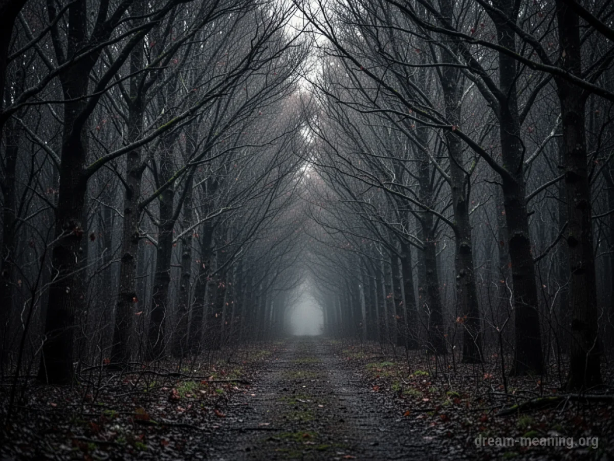 A path leading into a gloomy forest of leafless, skeletal trees.