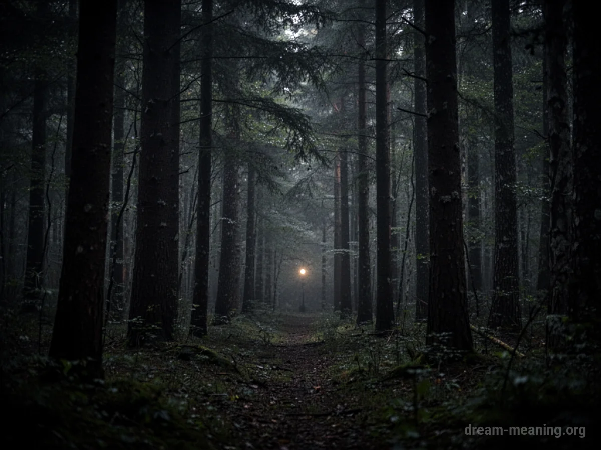 A path leading into a dark, dense forest with shadowy figures barely visible among the trees.