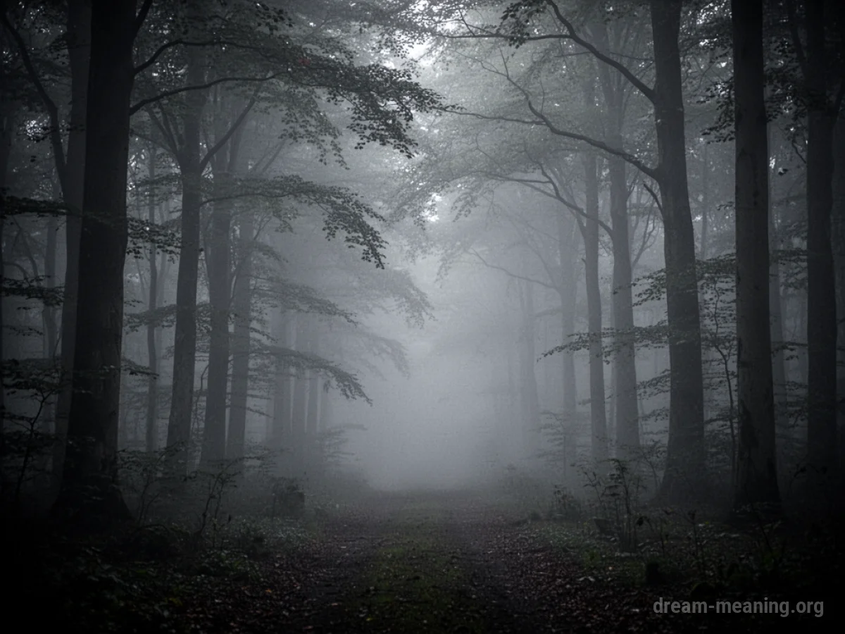 A path through a dark forest obscured by thick fog.