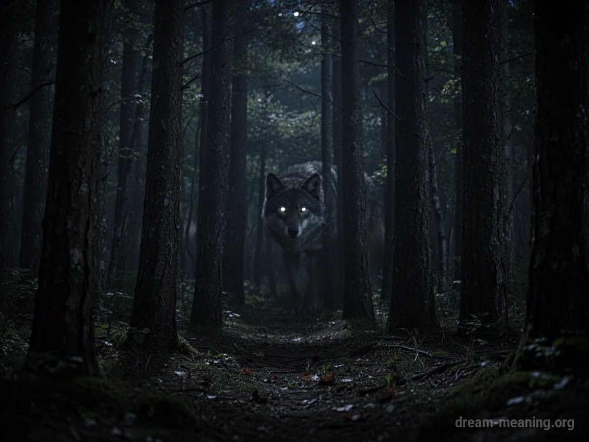 A pair of glowing eyes peer out from the darkness between trees in a dense forest.