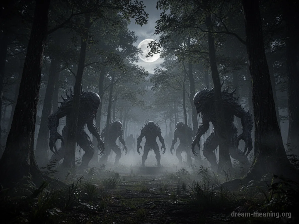 Silhouettes of monsters in a dark, misty forest.