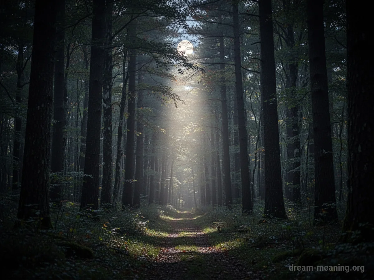 A path winding through a dark forest illuminated by a single beam of moonlight.