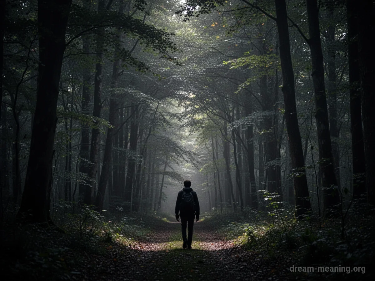 A person stands before a foreboding forest.