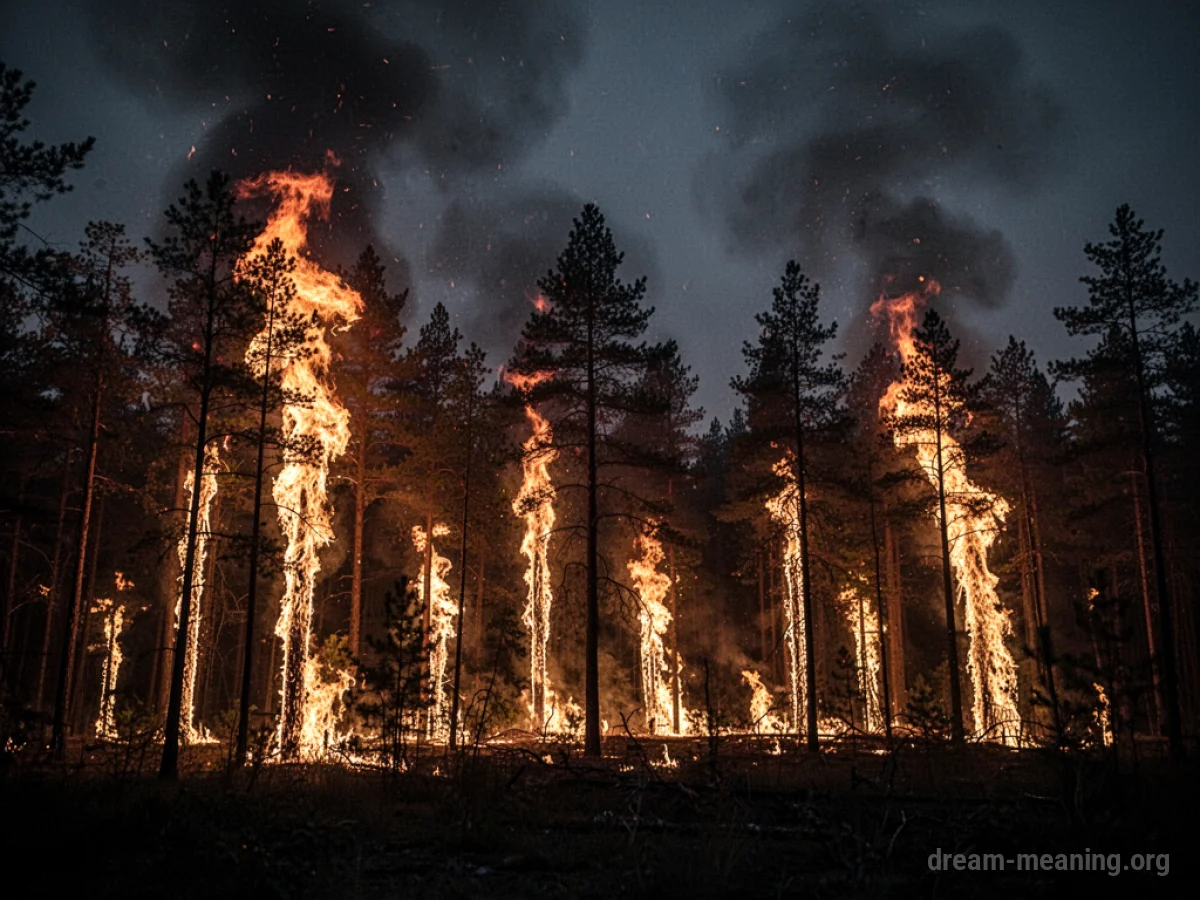 A dark forest silhouette with flames burning through the trees.