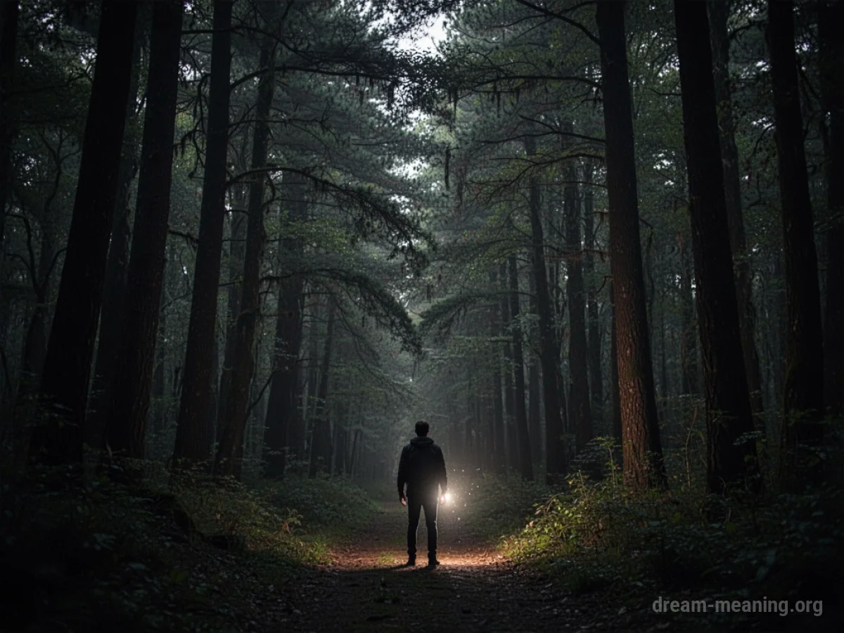 A person stands at the entrance to a dark, dense forest.