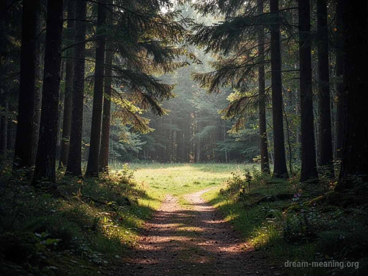 A path leading from a dark forest into a bright, sunlit area.